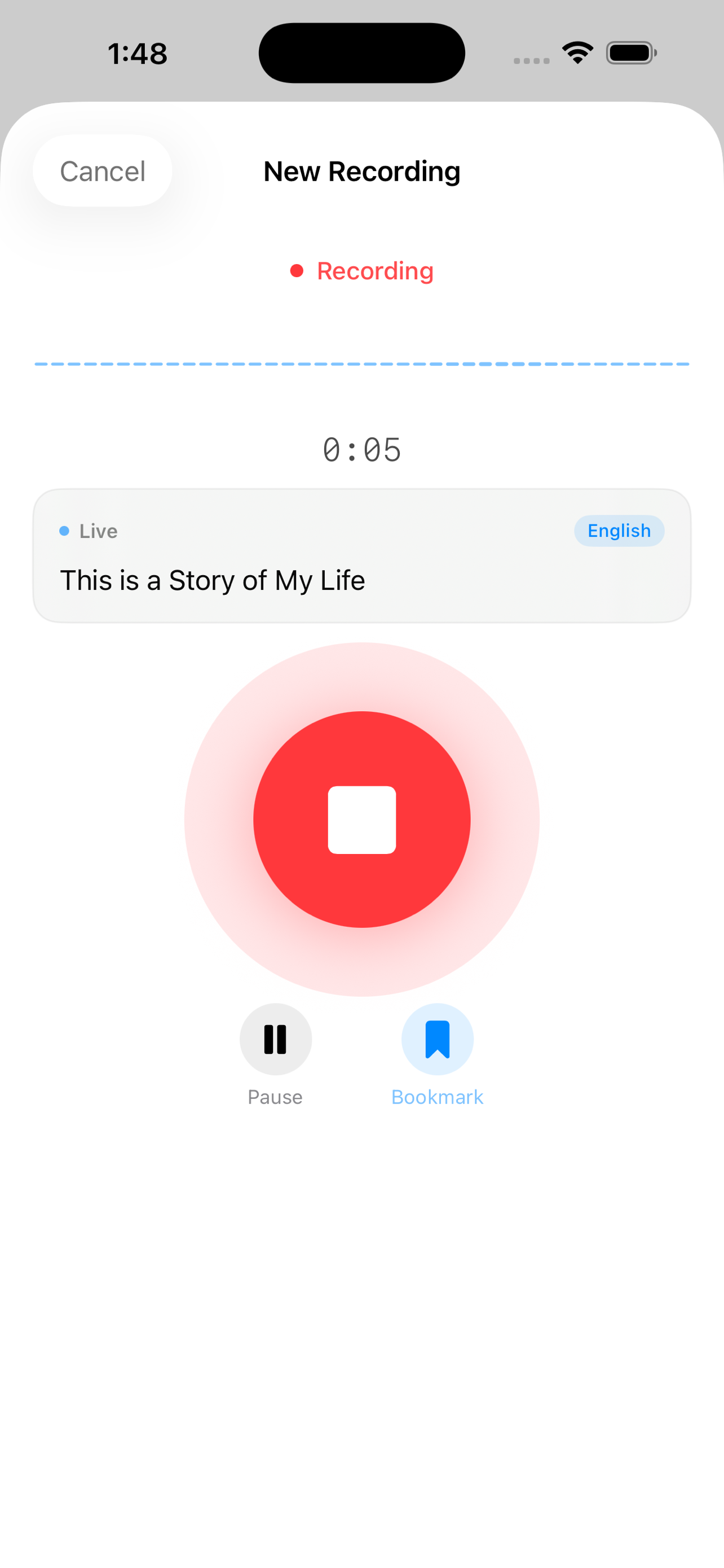 Storyn live voice recording screen