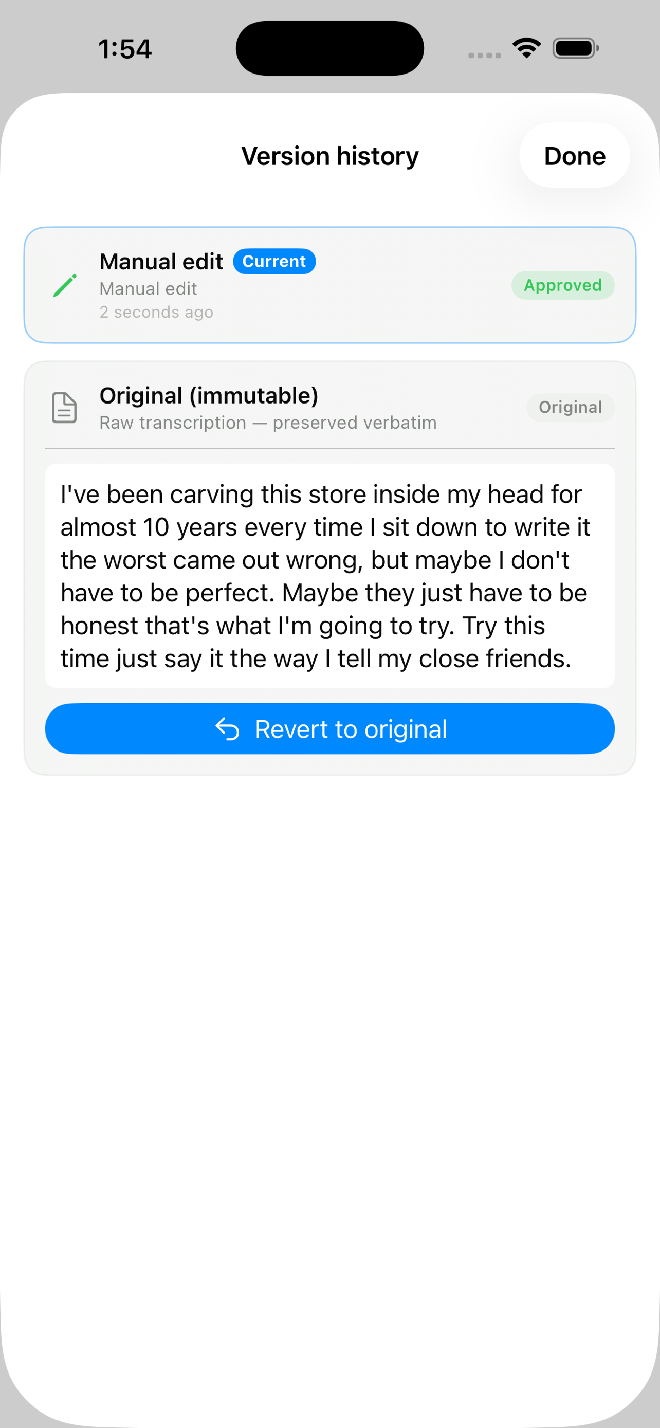 Version history showing the immutable original transcript